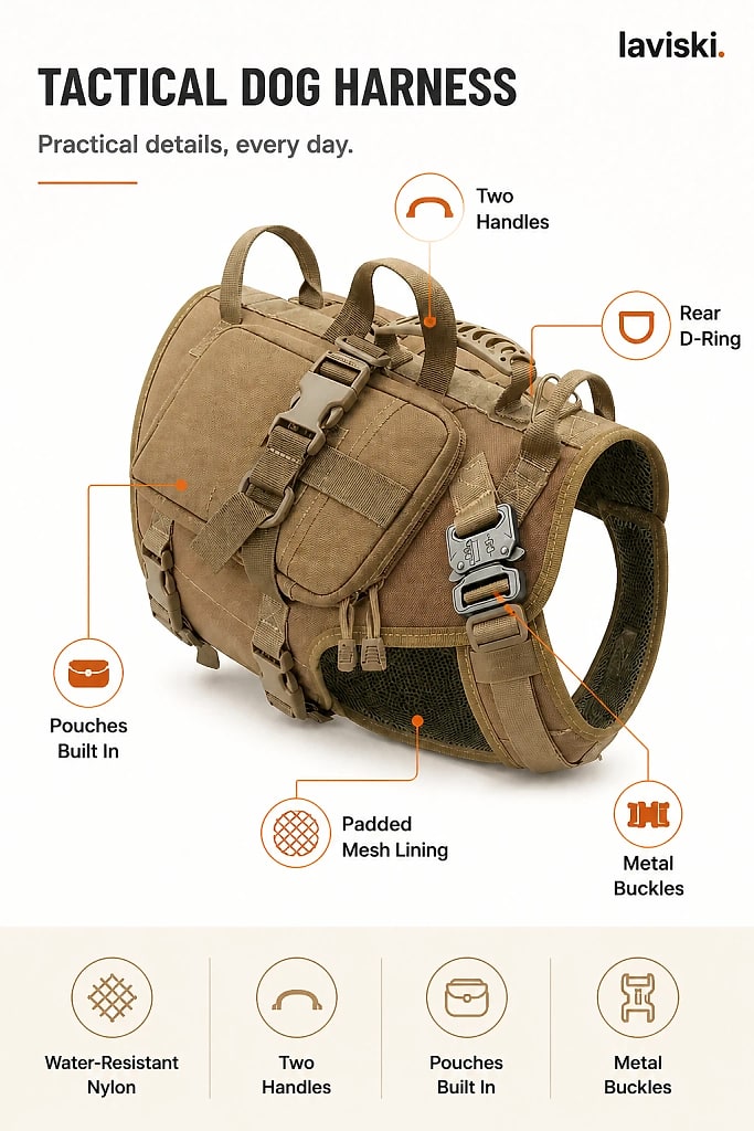 Kastra Tactical Harness with Saddle Pouches, materials and construction detail