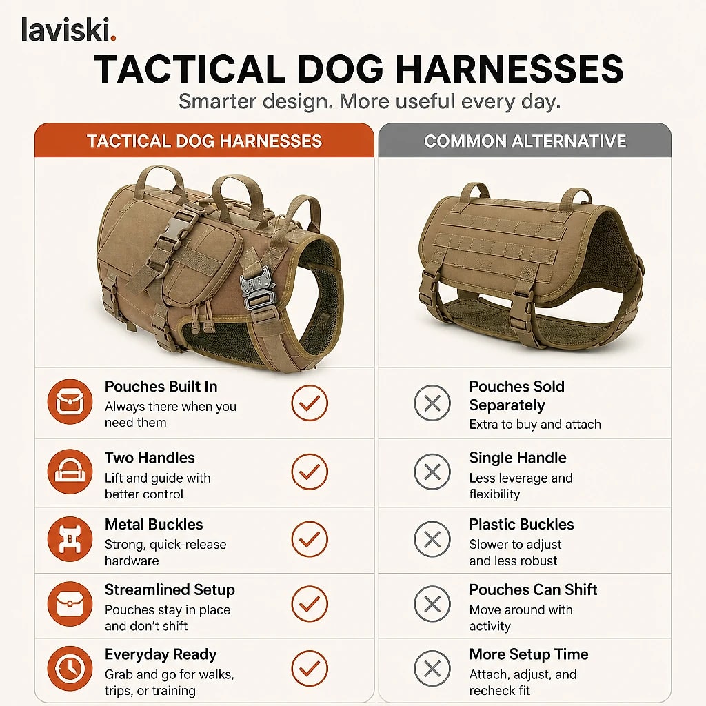 Kastra Tactical Harness with Saddle Pouches, compared with the usual alternative