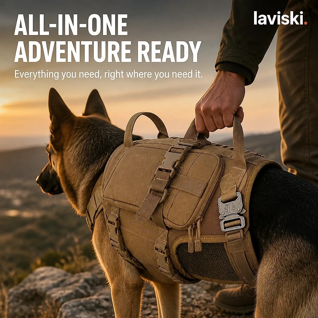 Kastra Tactical Harness with Saddle Pouches, shown in a home setting