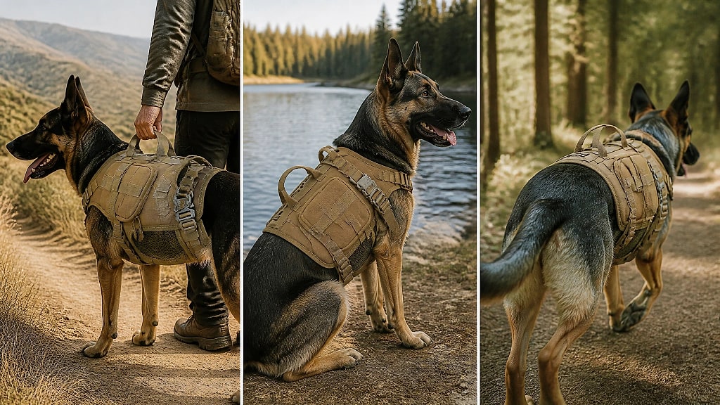 Kastra Tactical Harness with Saddle Pouches, shown in use at home