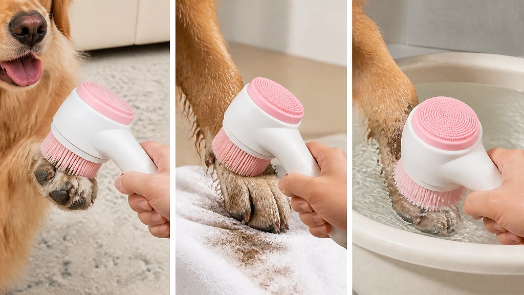 Lavana Dual Sided Paw Cleaning Brush, shown in use at home