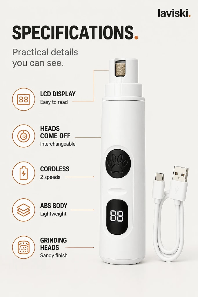 Lucera LCD Pet Nail Polisher, materials and construction detail