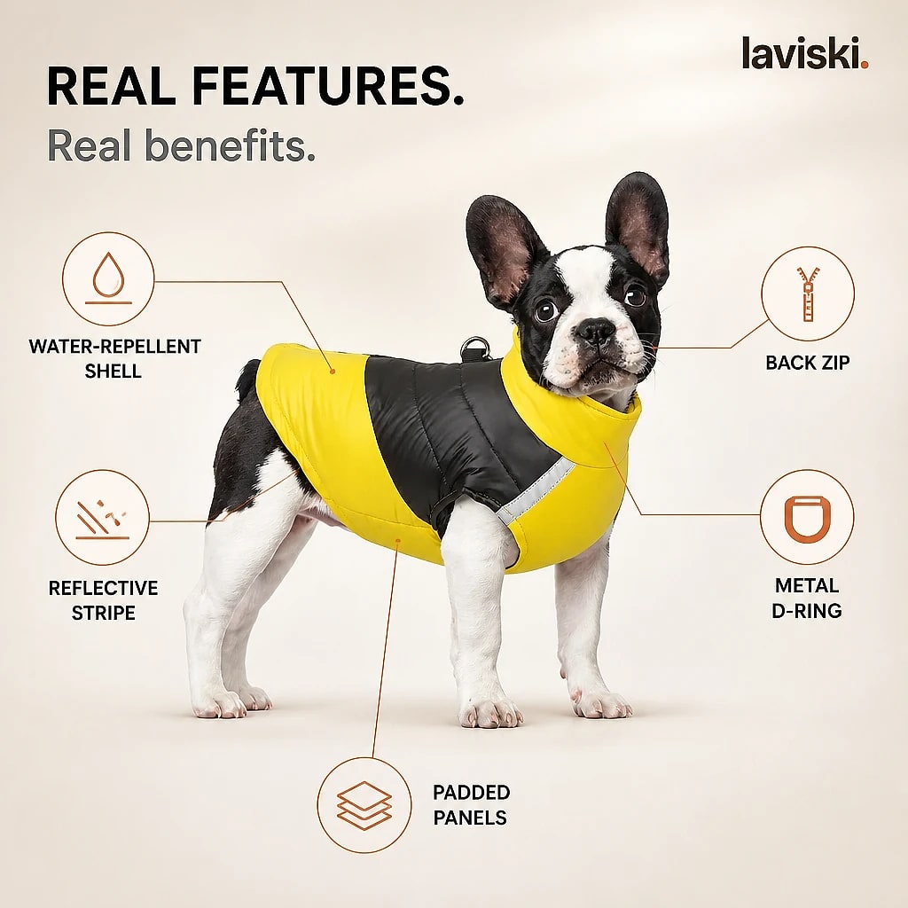 Lumira Reflective Waterproof Dog Coat, close-up of the main features