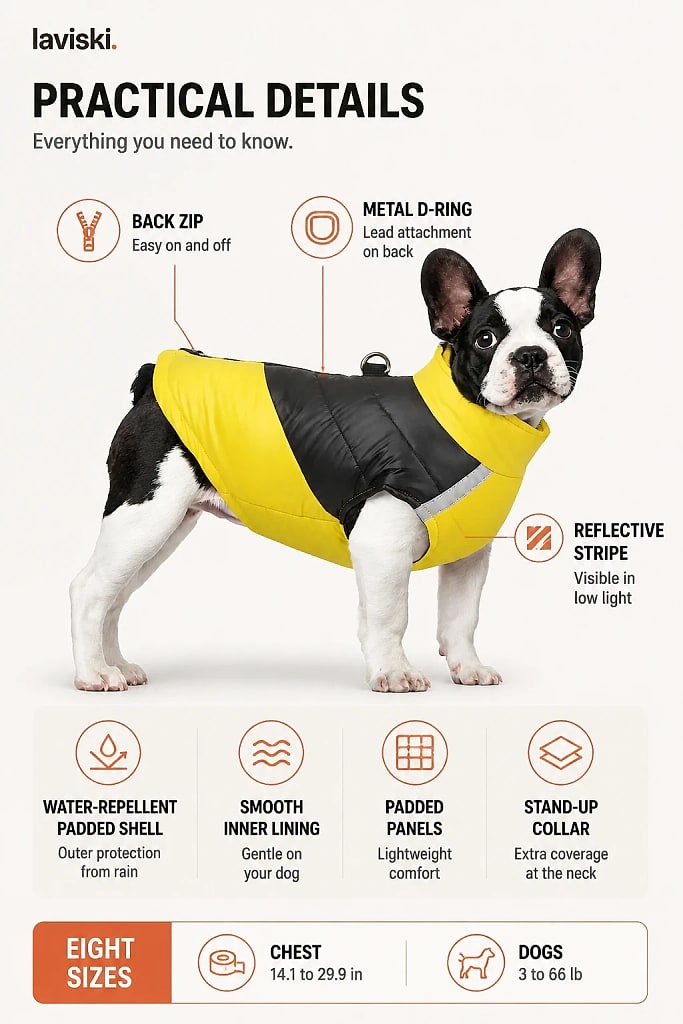 Lumira Reflective Waterproof Dog Coat, materials and construction detail