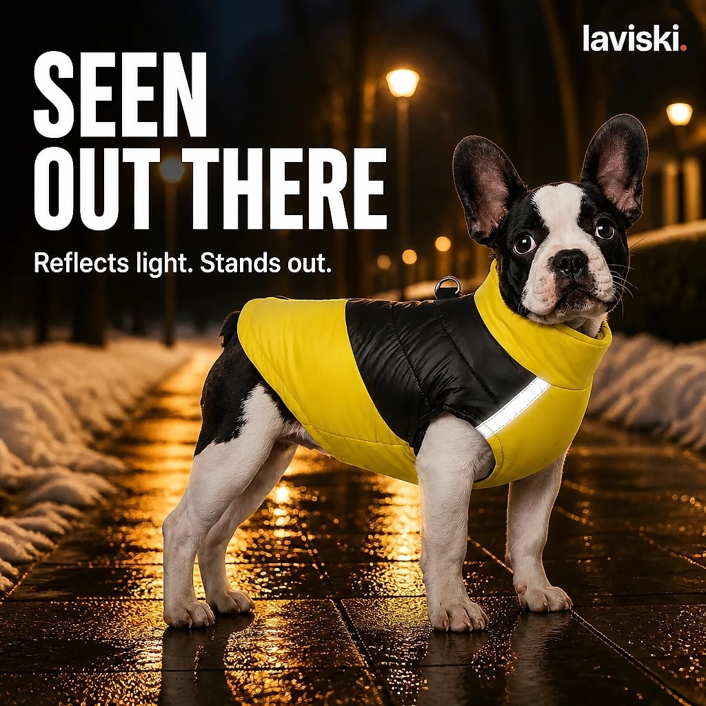 Lumira Reflective Waterproof Dog Coat, shown in a home setting