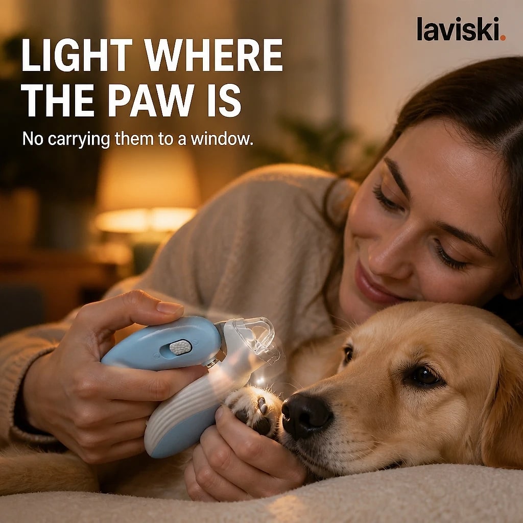 Luxia LED Pet Nail Clippers, in use, pet resting on it