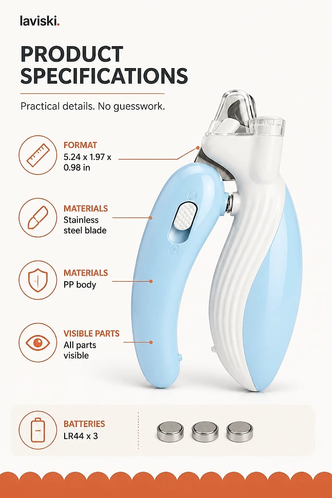 Luxia LED Pet Nail Clippers, materials and construction detail
