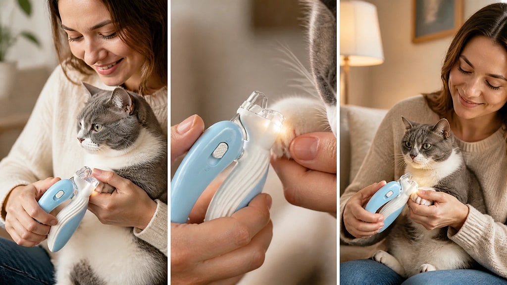 Luxia LED Pet Nail Clippers, shown in use at home