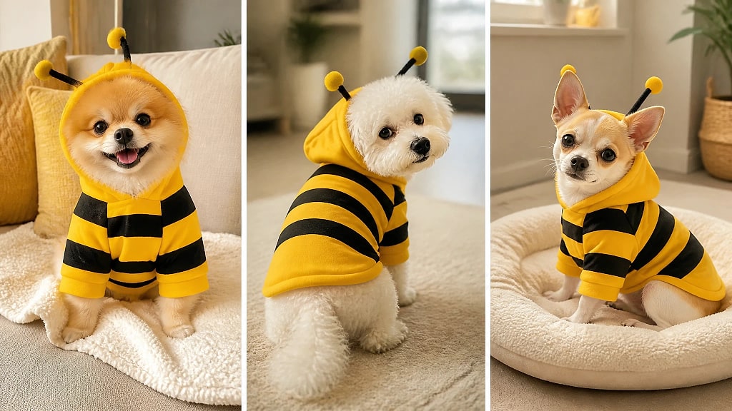 Melira Bee Dog Hoodie, shown in use at home