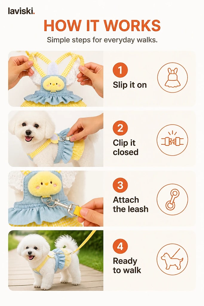 Mirella Denim Harness Dress with Leash, how to unpack and set it up