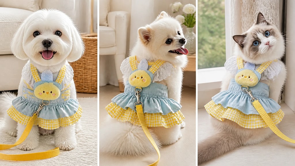 Mirella Denim Harness Dress with Leash, shown in use at home