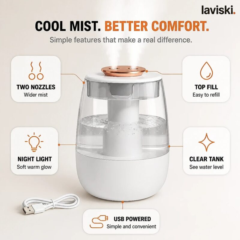 Mistara Ultrasonic Room Humidifier, feature showcase