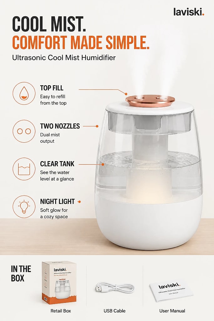 Mistara Ultrasonic Room Humidifier, materials and construction detail