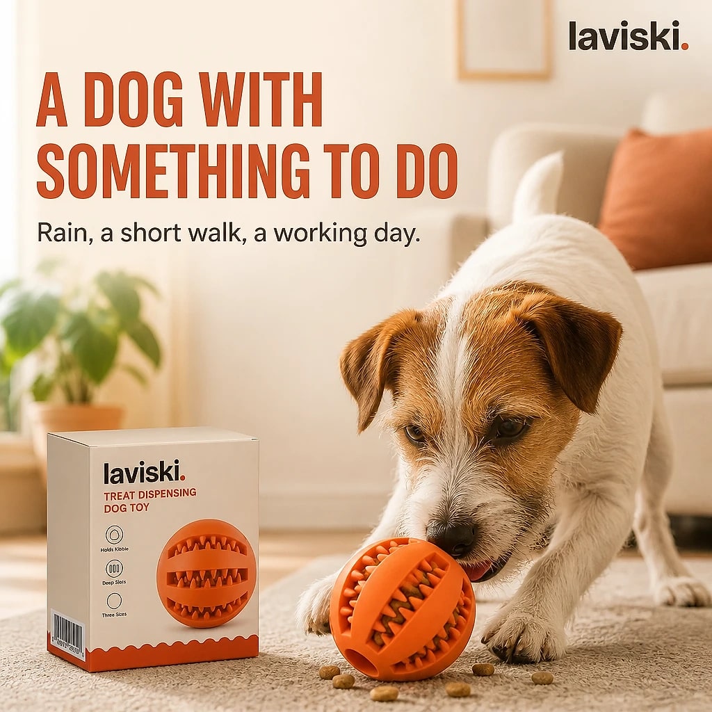 Nibbla Treat Dispensing Rubber Ball, in use, pet resting on it
