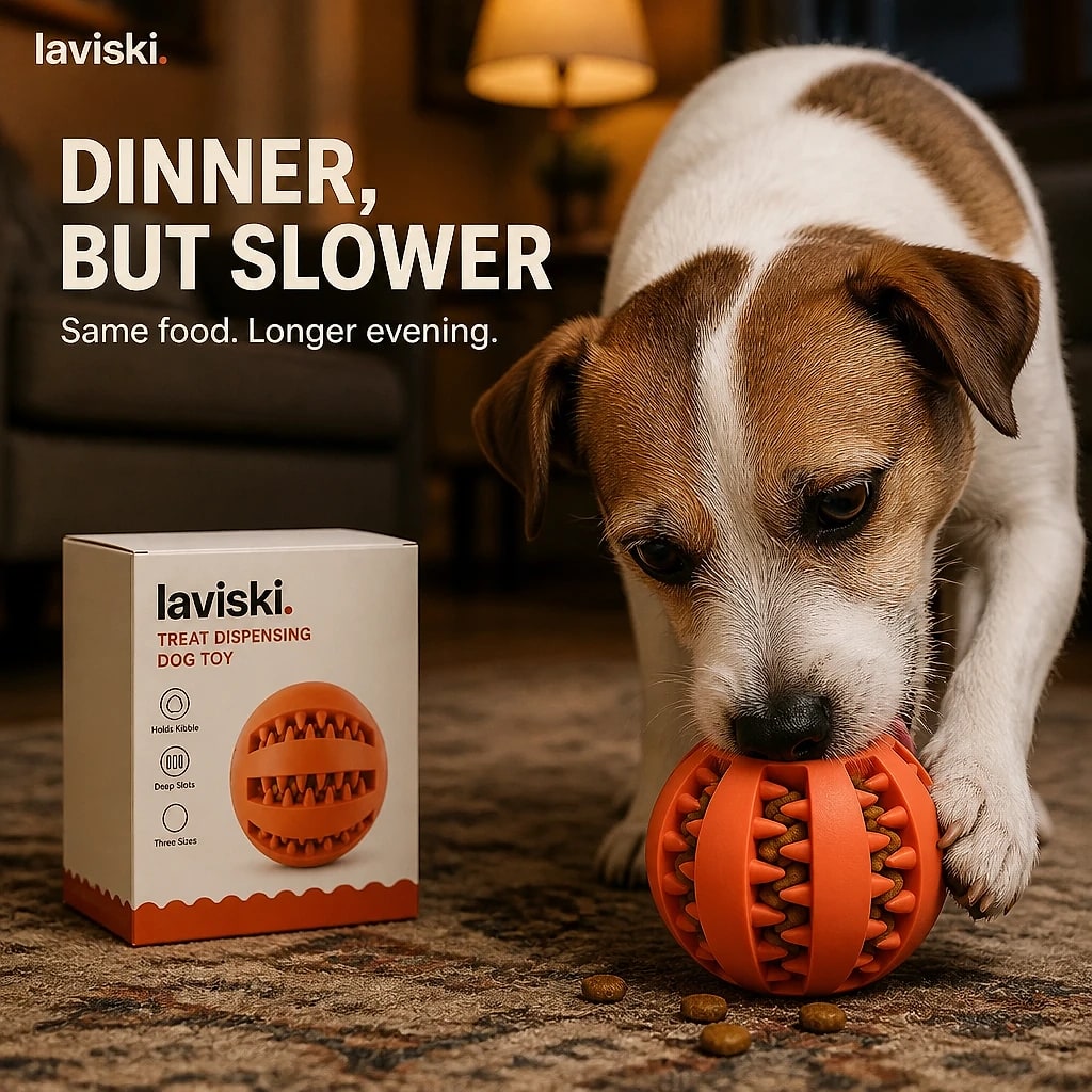 Nibbla Treat Dispensing Rubber Ball, shown in a home setting