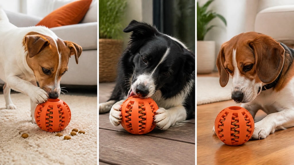 Nibbla Treat Dispensing Rubber Ball, shown in use at home