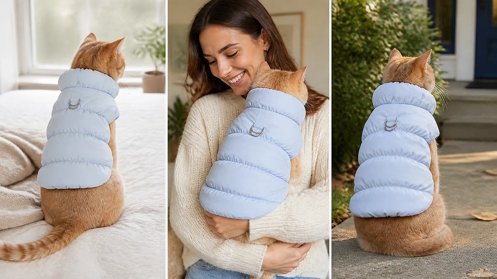 Nimbra Quilted Puffer Pet Jacket, shown in use at home