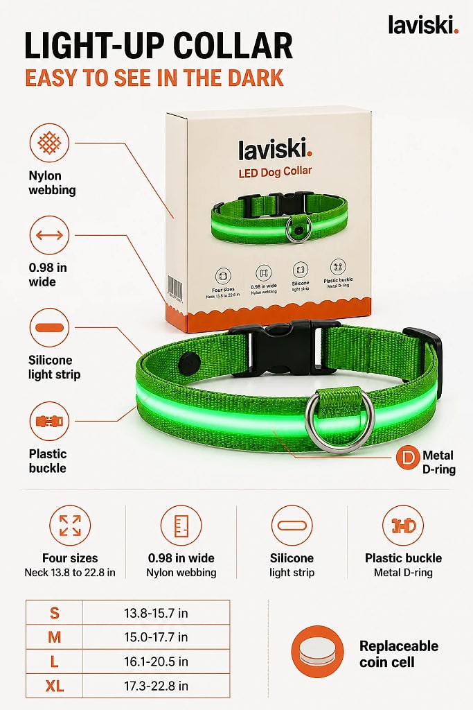 Noctra Light Up Dog Collar, materials and construction detail