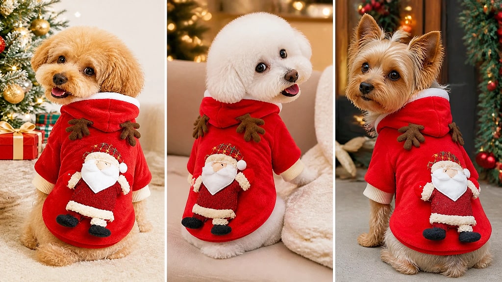 Noella Christmas Dog Hoodie, shown in use at home