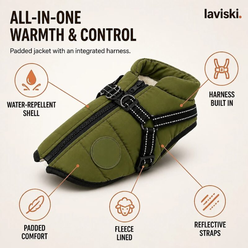 Nordra Padded Dog Jacket with Harness, feature showcase