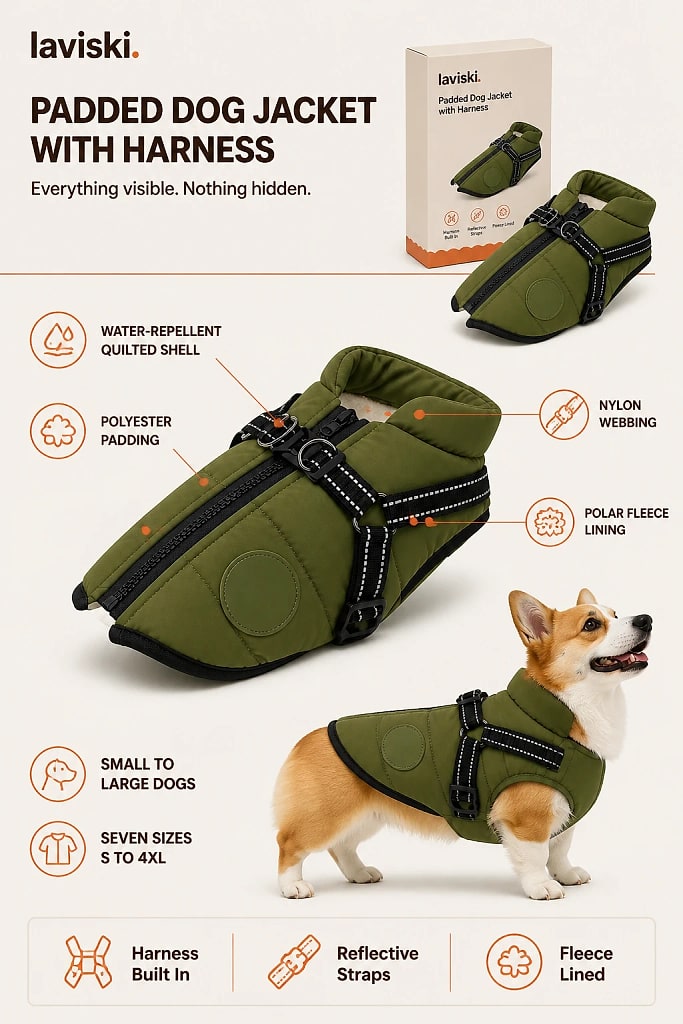 Nordra Padded Dog Jacket with Harness, materials and construction detail