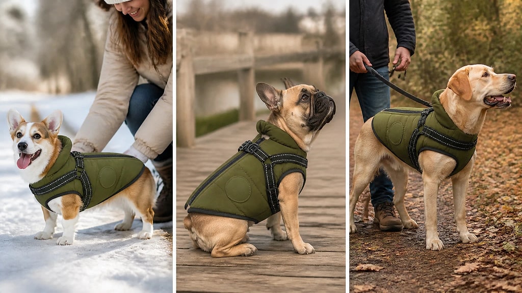 Nordra Padded Dog Jacket with Harness, shown in use at home