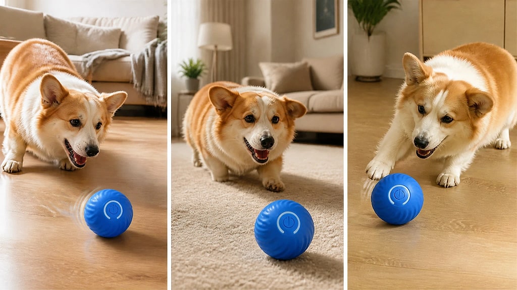 Orbina Self Moving Dog Ball, shown in use at home