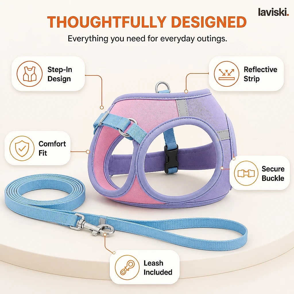 Palora Step In Cat Harness and Leash Set, close-up of the main features