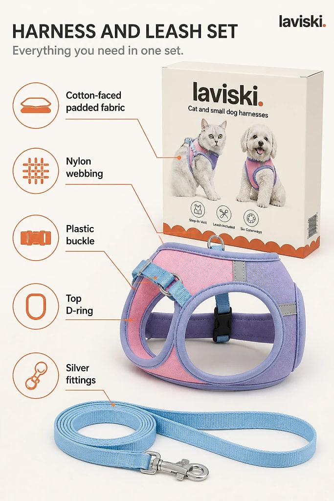 Palora Step In Cat Harness and Leash Set, materials and construction detail