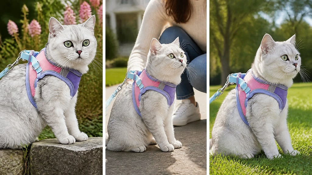 Palora Step In Cat Harness and Leash Set, shown in use at home