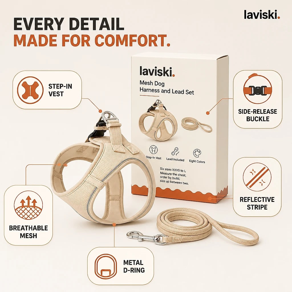 Petala Mesh Harness and Lead Set, close-up of the main features