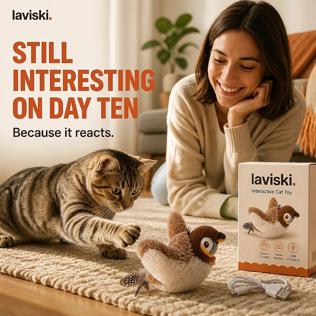 Pipia Flapping Bird Cat Toy, in use, pet resting on it