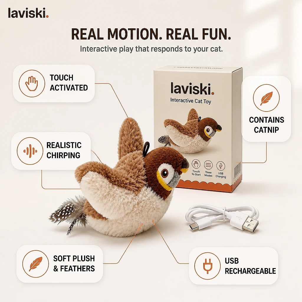 Pipia Flapping Bird Cat Toy, close-up of the main features