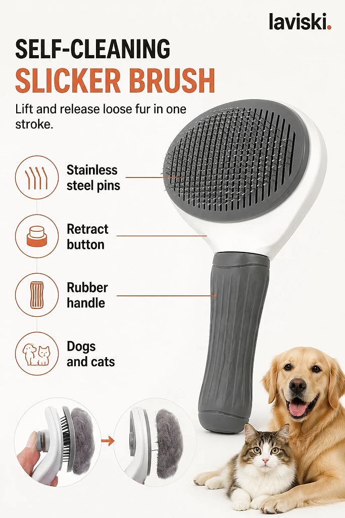 Plumia Self Cleaning Slicker Brush, materials and construction detail