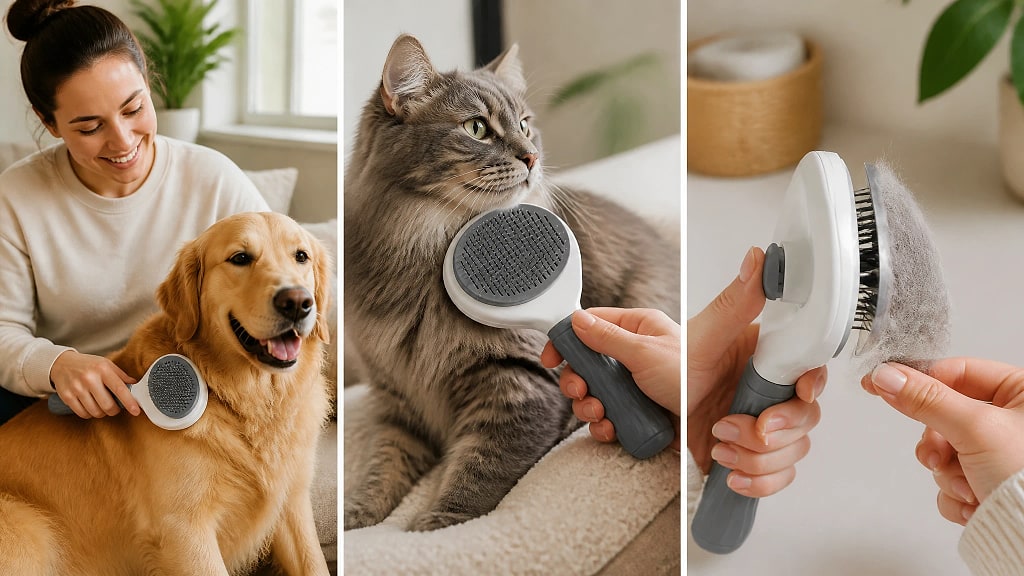 Plumia Self Cleaning Slicker Brush, shown in use at home