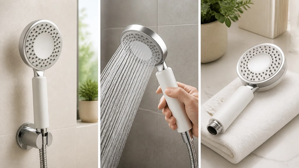 Pluvia Eight Mode Handheld Shower Head, shown in use at home