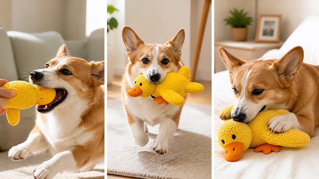 Quacka Squeaky Plush Duck, shown in use at home