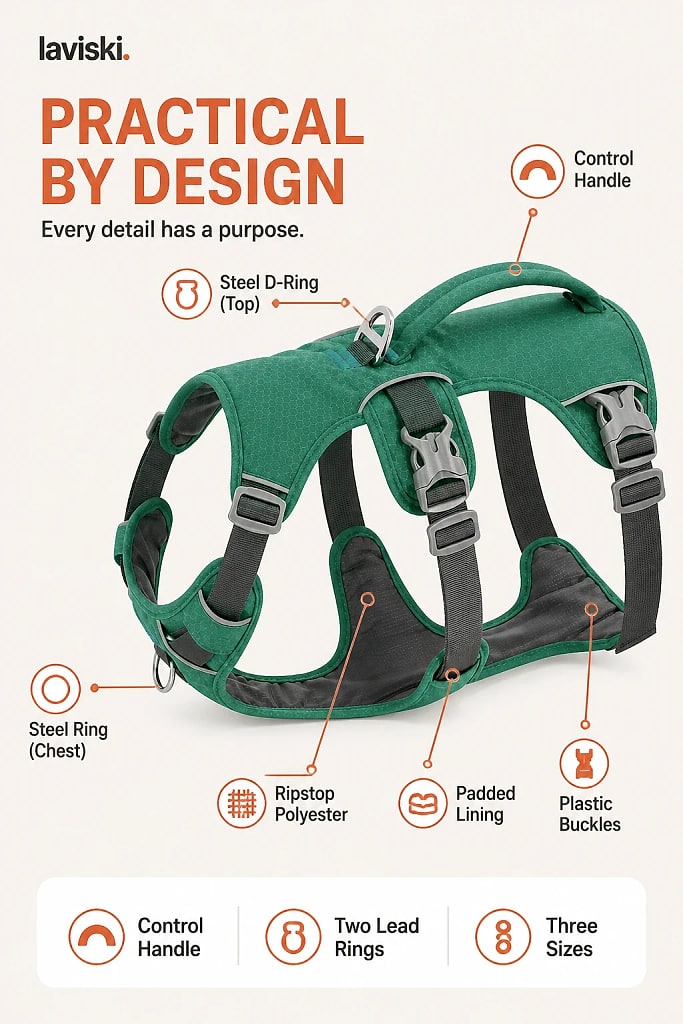Ranova Padded Harness with Control Handle, materials and construction detail