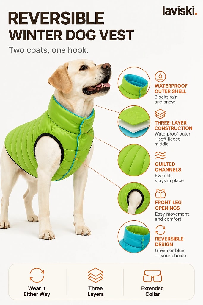 Reversa Reversible Winter Dog Vest, materials and construction detail