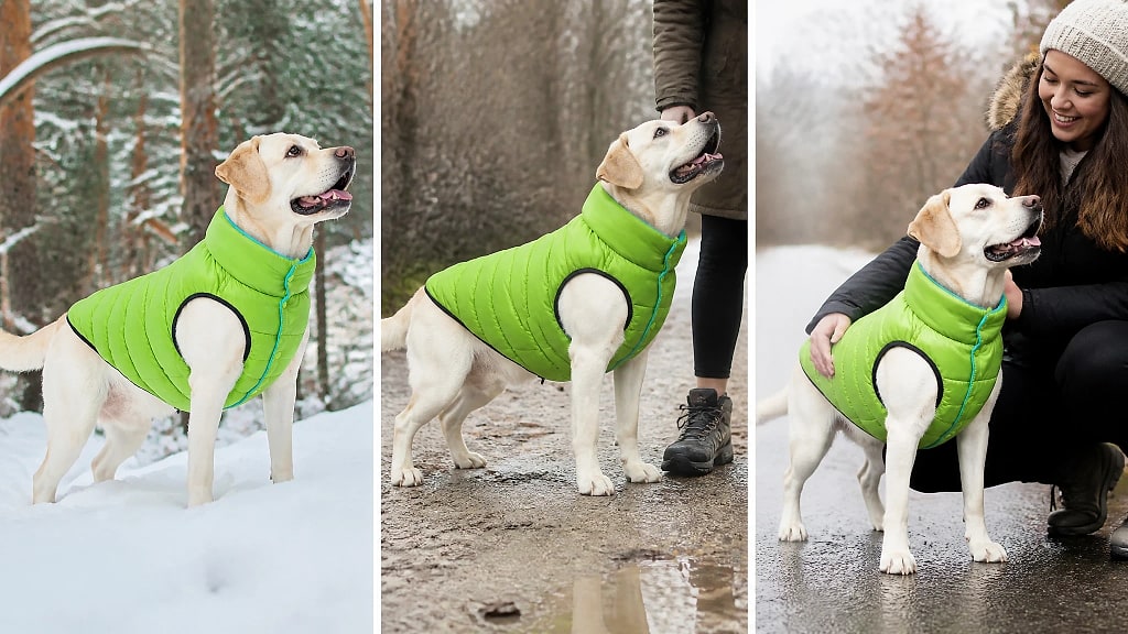 Reversa Reversible Winter Dog Vest, shown in use at home