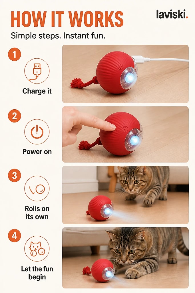 Rovia Self Rolling Cat Ball, how to unpack and set it up