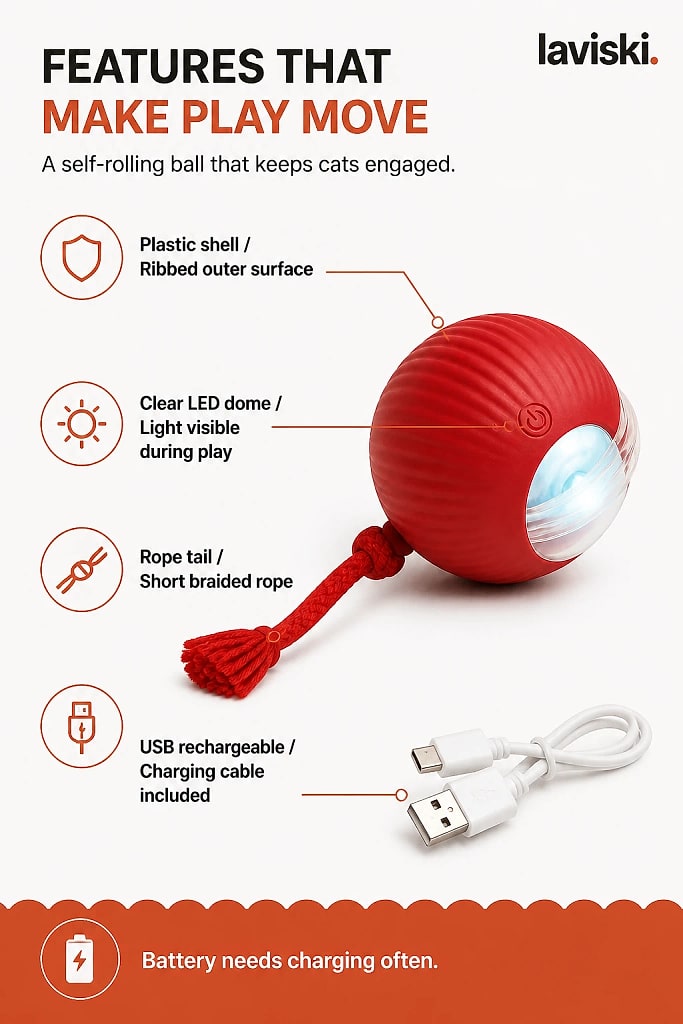 Rovia Self Rolling Cat Ball, materials and construction detail