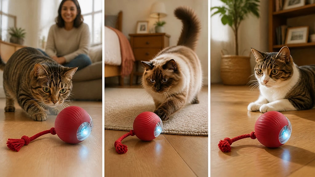 Rovia Self Rolling Cat Ball, shown in use at home