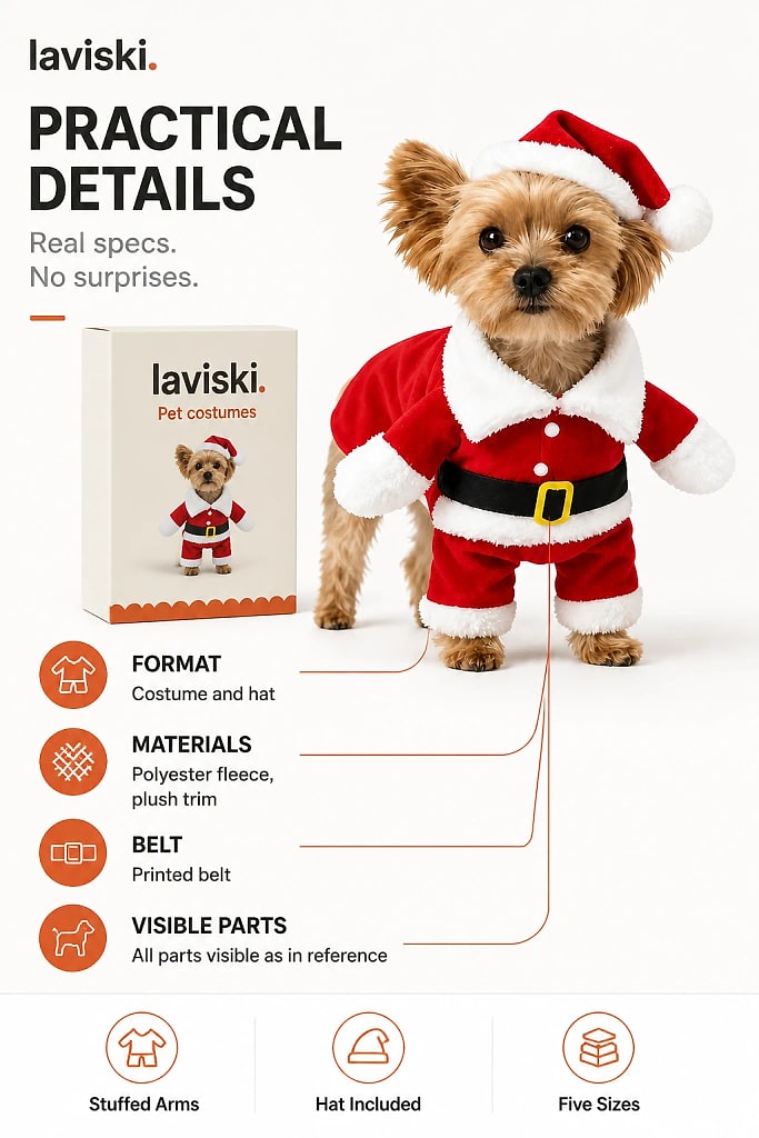 Santina Standing Santa Pet Costume, materials and construction detail