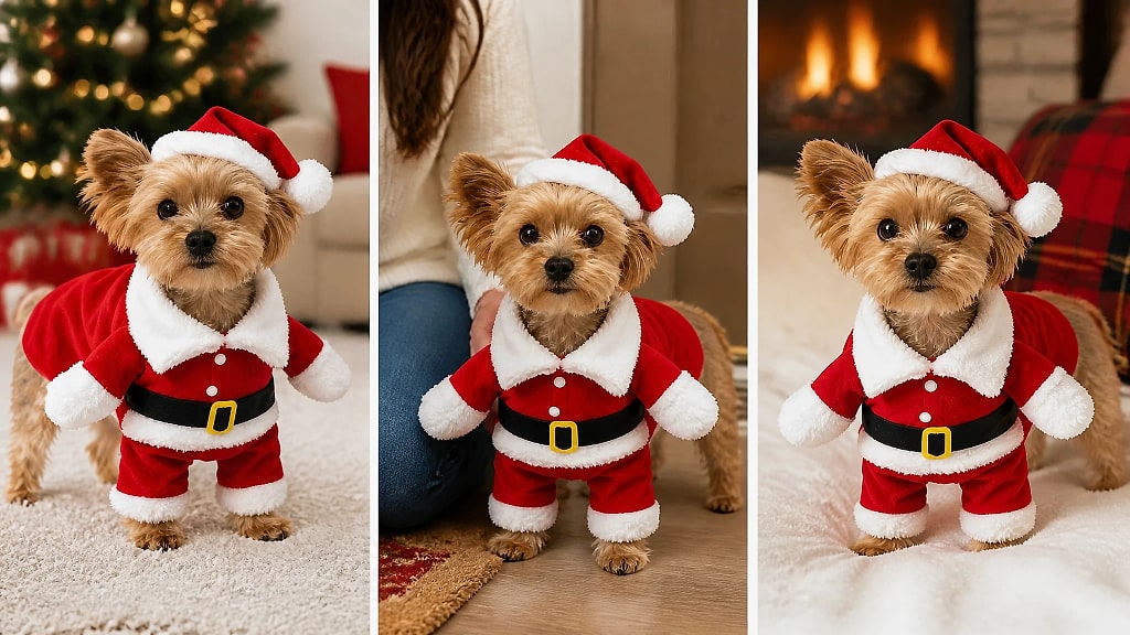 Santina Standing Santa Pet Costume, shown in use at home
