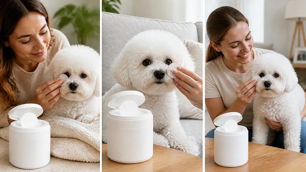 Serena Pet Eye Area Wipes, shown in use at home