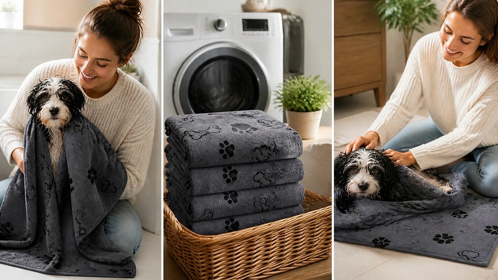 Sicca Microfiber Pet Drying Towel, shown in use at home