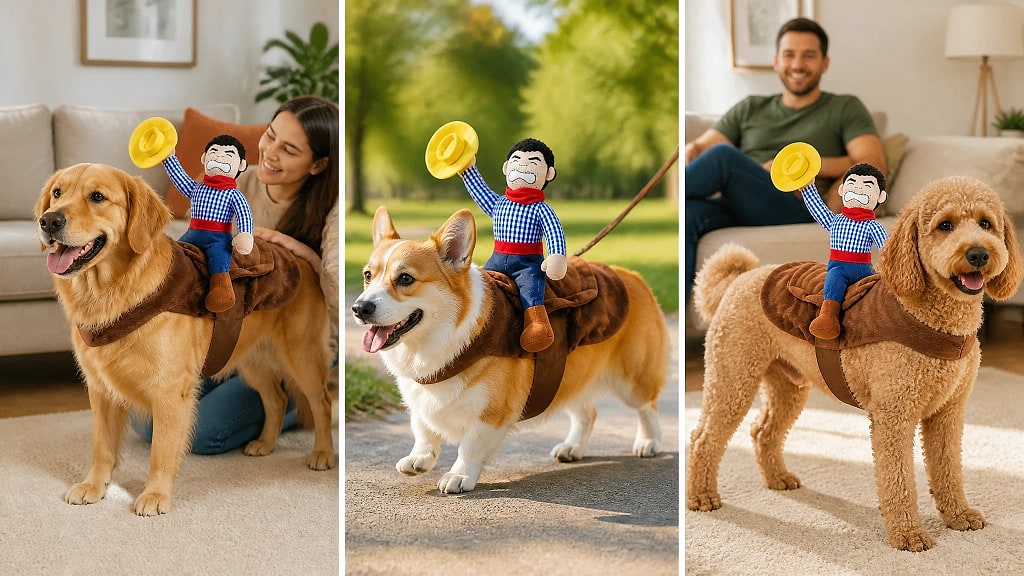 Sierra Cowboy Rider Dog Costume, shown in use at home