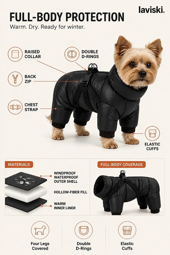 Snowva Full Body Dog Snowsuit, materials and construction detail