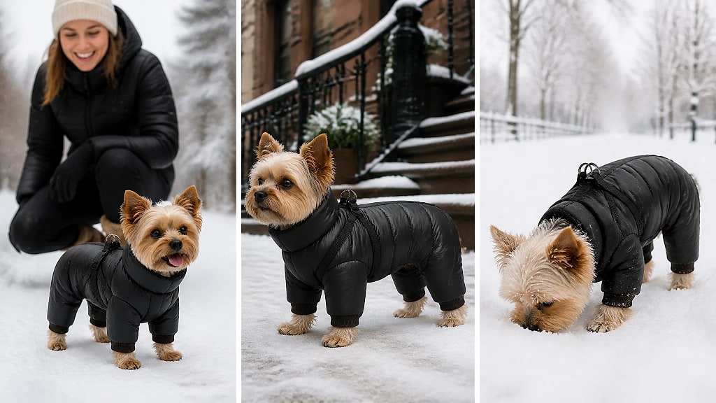 Snowva Full Body Dog Snowsuit, shown in use at home